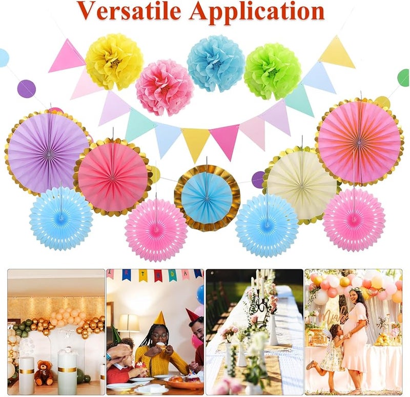 زينة حفلات ورق باستيل مع بوم بوم ومراوح قابلة لإعادة الاستخدام للتعليق لخلفية حفلة عيد ميلاد أو فصل دراسي - Image 4